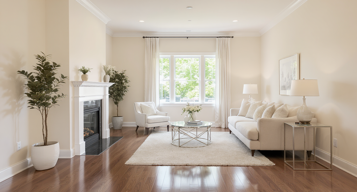 Photorealistic staged living room with neutral palette, modern furnishings, clutter removed, and visible home upgrades, prepared for sale.