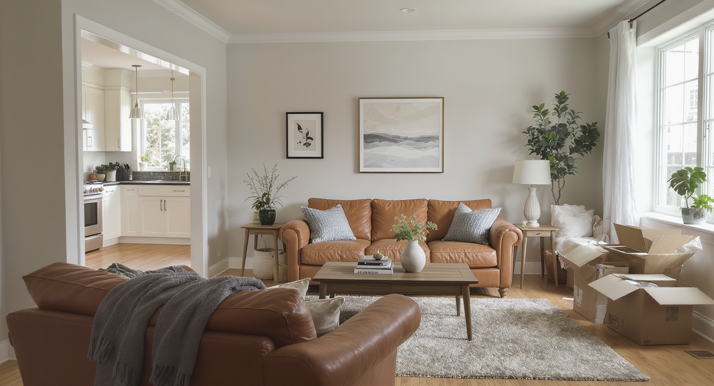 A sunlit, tidy but authentic family living room with moving boxes, updated finishes, and signs of recent remodel, showing a home in transition.