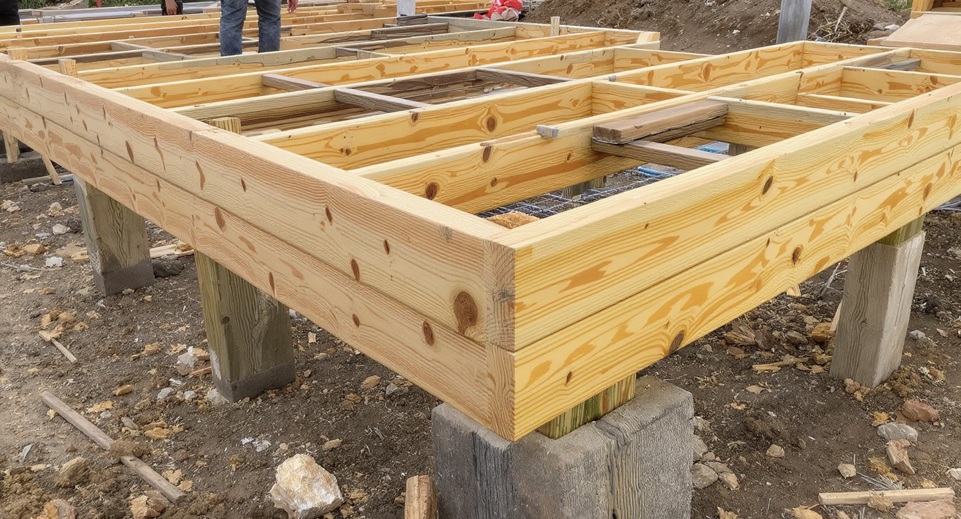 Photorealistic close-up of floating deck framing showing 2x10 and 2x8 joists, double perimeter beams, and six evenly spaced 4x4 posts anchoring the structure.