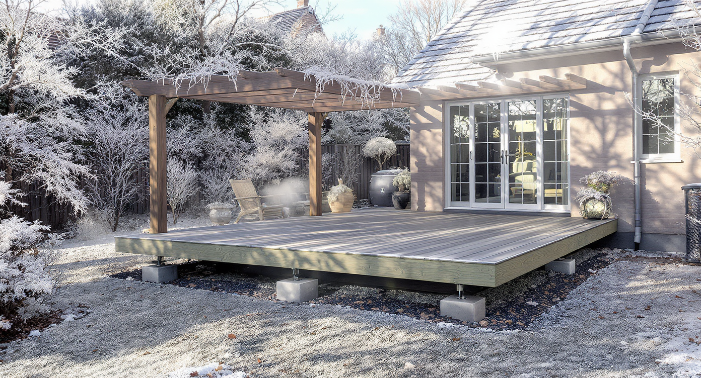 A frost-ready floating deck with modern pergola built on piers, realistic frosty ground, and crisp morning light in a backyard setting, no people.