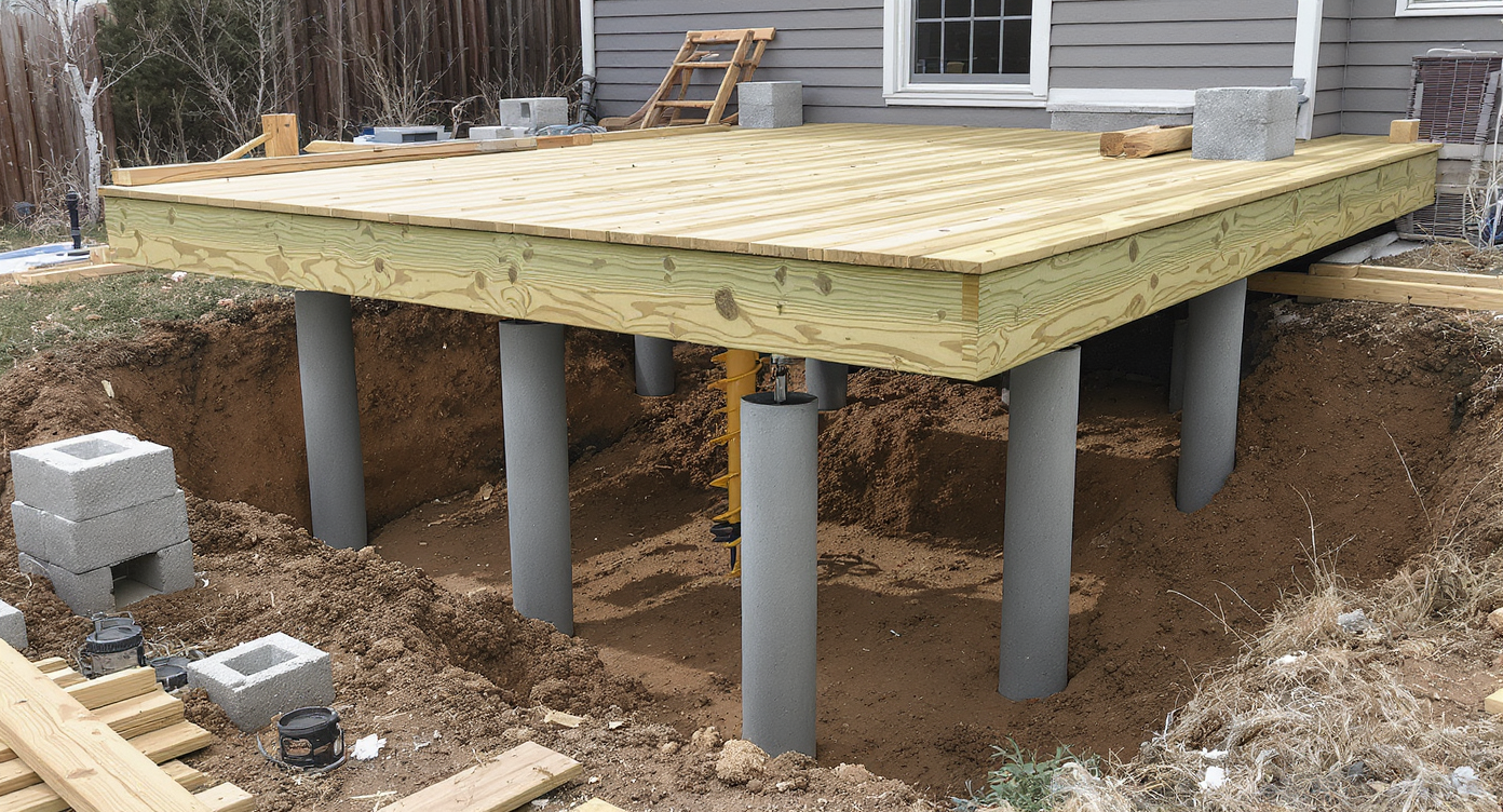 Partially constructed ground-level deck in a backyard, showing deep concrete footings, deck framing, an auger, and undisturbed grassy yard.