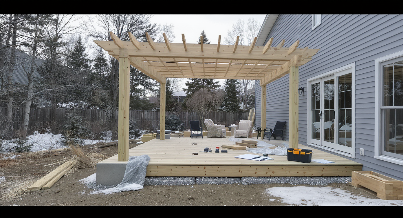 A realistic early spring backyard shows a floating deck under construction on frost-heaved ground with pergola posts, snow patches, and no people.