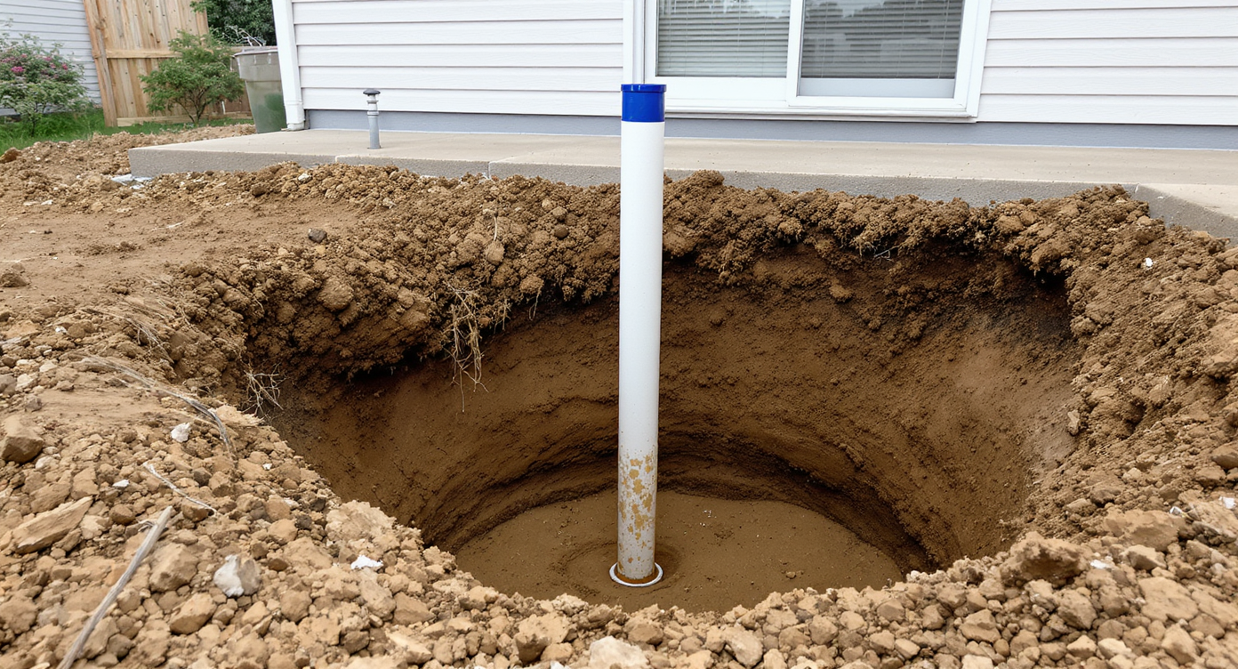 Excavated soil and a concrete footing tube set 18 inches from a house slab foundation, illustrating safe proximity for building footings.