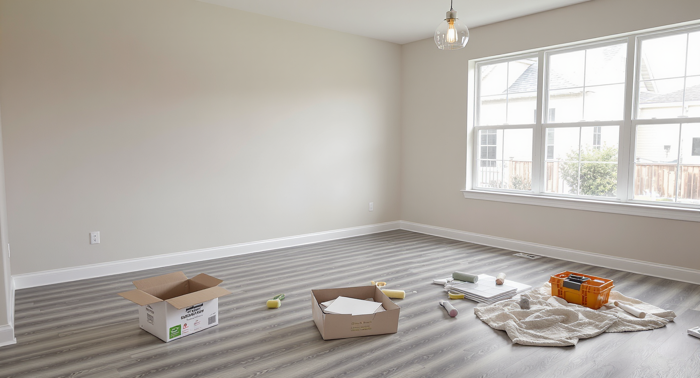 A realistic, sunlit townhouse living room with modern renovations: new flooring, neutral paint, tools, and DIY materials neatly arranged, no people.