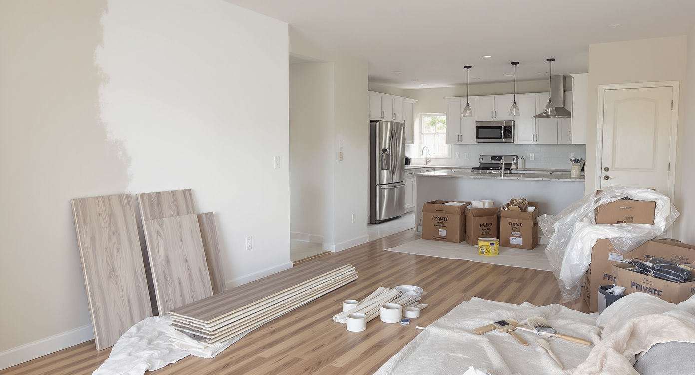 A realistic, in-progress rental townhouse shows partially repainted walls, new flooring stacked, tools, and renovation supplies neatly organized in natural light.