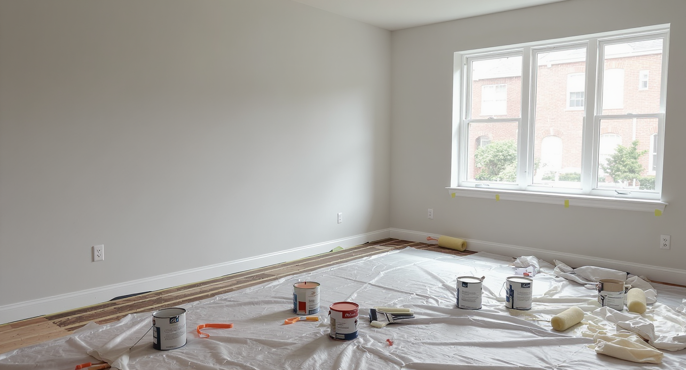 A renovated townhouse living room shows freshly painted neutral walls, drop cloths covering the subfloor, and painting supplies neatly arranged in natural light.