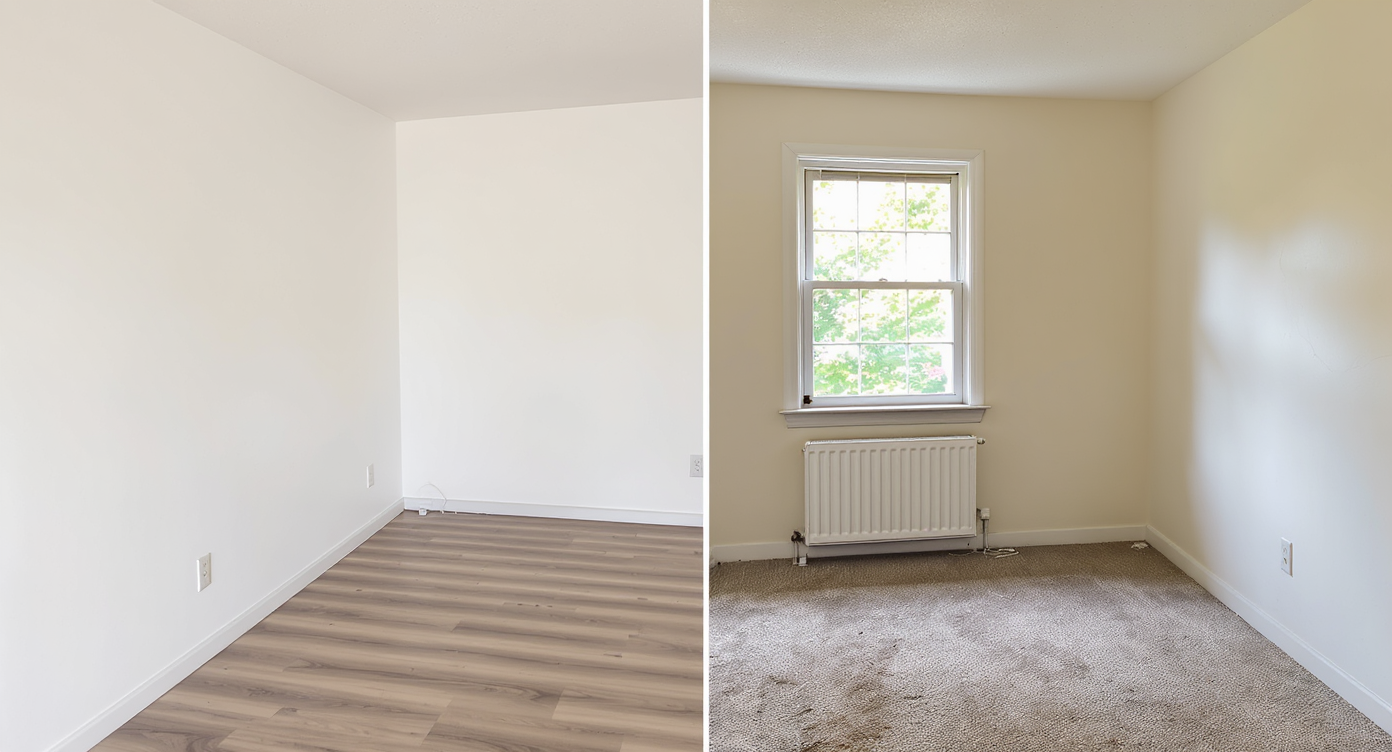 A rental townhouse living room with half the walls and floors freshly renovated, showing modern paint and flooring alongside worn, outdated finishes.