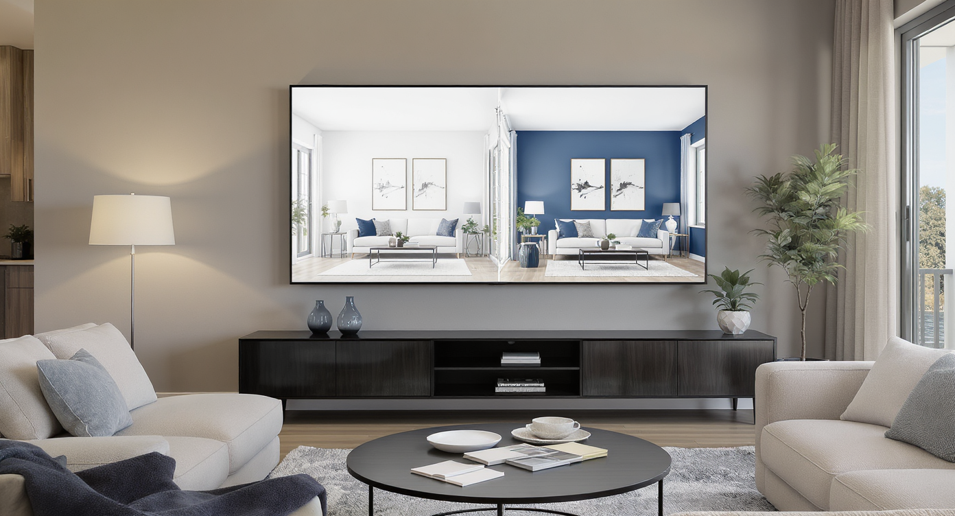 A realistic townhouse living room with a digital display comparing two virtual design options, highlighting material choices before renovation.