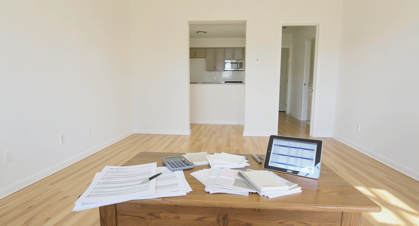 Unfurnished townhouse living room with new paint and flooring, renovation cost estimates, material samples, and budgeting tools on display.