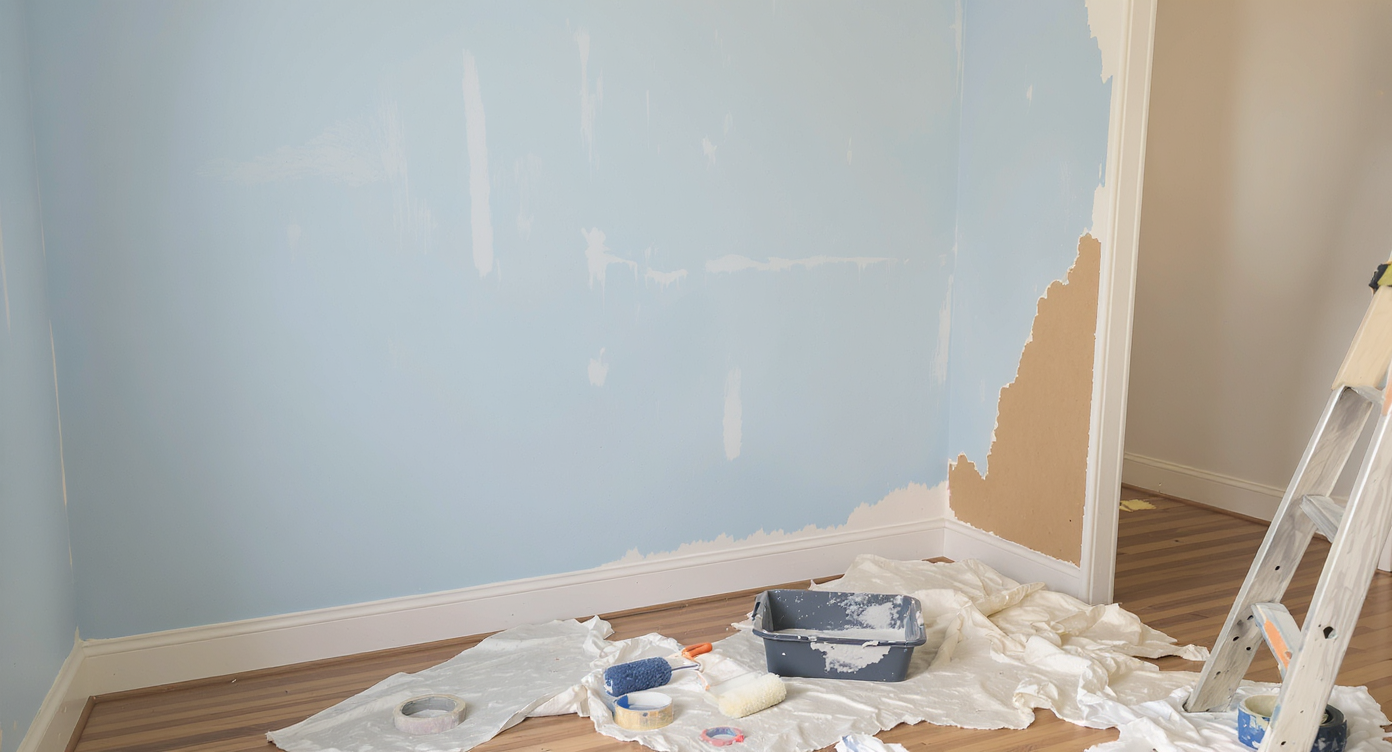 A sunlit room corner shows botched blue paint with roller marks, drips, and uneven edges; tools and paint supplies lie on a dropcloth nearby.