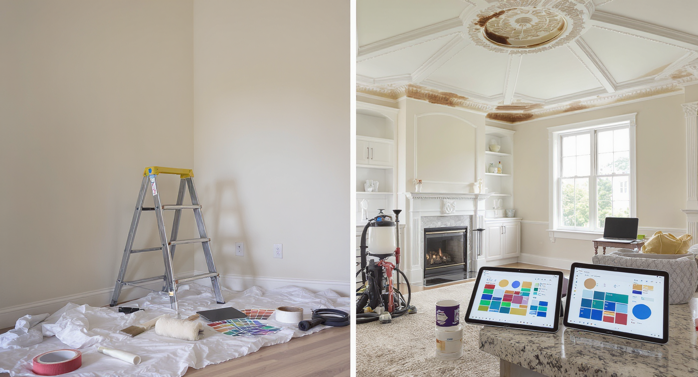 A living room divided between an accessible DIY painting area with tools and a challenging space with high ceilings, ornate trim, and persistent stains.