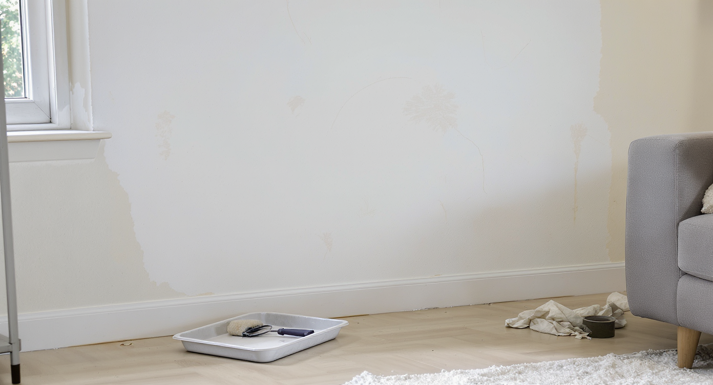 Daylit living room corner with a recently painted wall showing patchy coverage, roller marks, and color bleed, DIY paint tools nearby.
