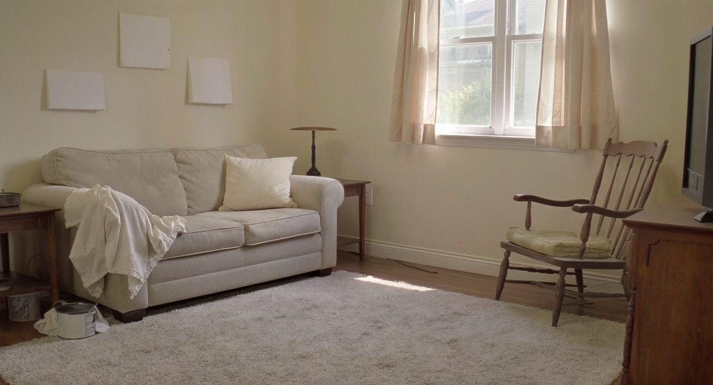 A realistic rental living room with a recently repainted wall showing minor imperfections, a paint can and drop cloth in the corner, and modest furnishings.