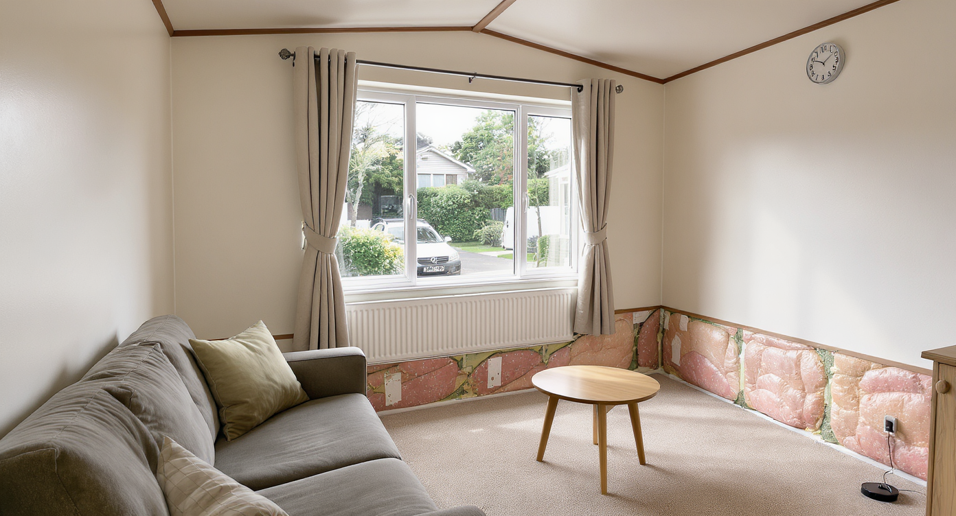 Energy-efficient window, thick curtains, and insulated skirting in a freshly renovated mobile home living area with modern flooring and bright walls.