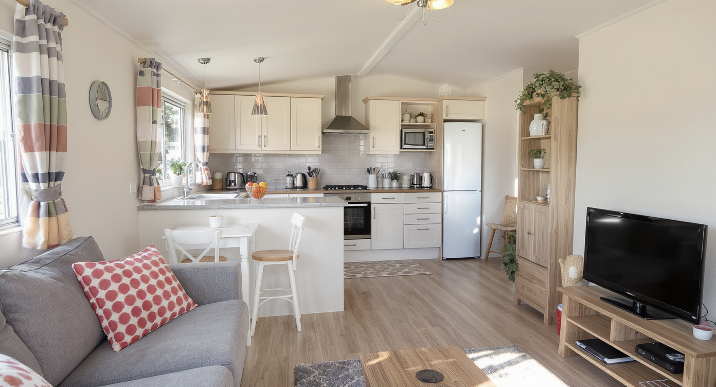 A compact mobile home living and kitchen space with visible basic fixtures, unpacked boxes, and renovation tools on the counter, sunlight streaming in.
