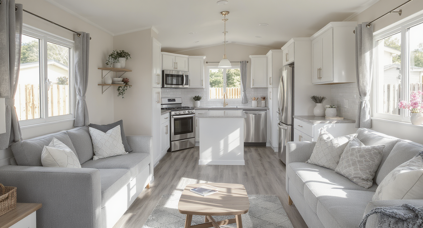 Renovated mobile home living space with modern upgrades, including new flooring, built-ins, updated cabinets, and stylish lighting. No people present.