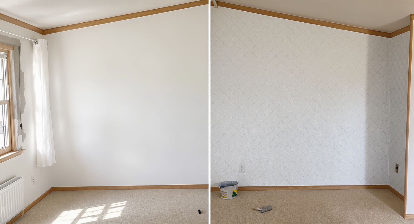 A photorealistic mobile home living room featuring flat white walls, embossed patterned wallpaper accent, natural wood beams, and renovation tools.