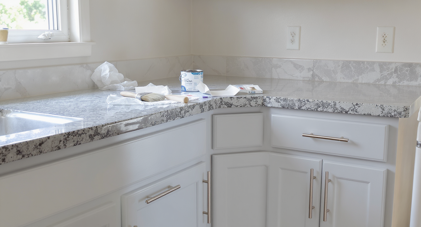 Photorealistic mobile home kitchen with freshly painted gray cabinets, new nickel handles, faux-stone countertop, and refinishing supplies on display.