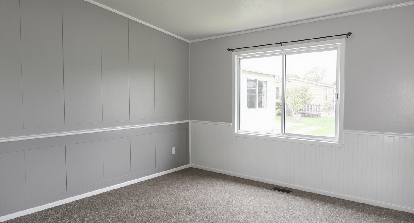 Mobile home living area with Gotham Gray painted walls, white trim, visible panel grooves, and beadboard-style painted wallpaper, bright and modern.