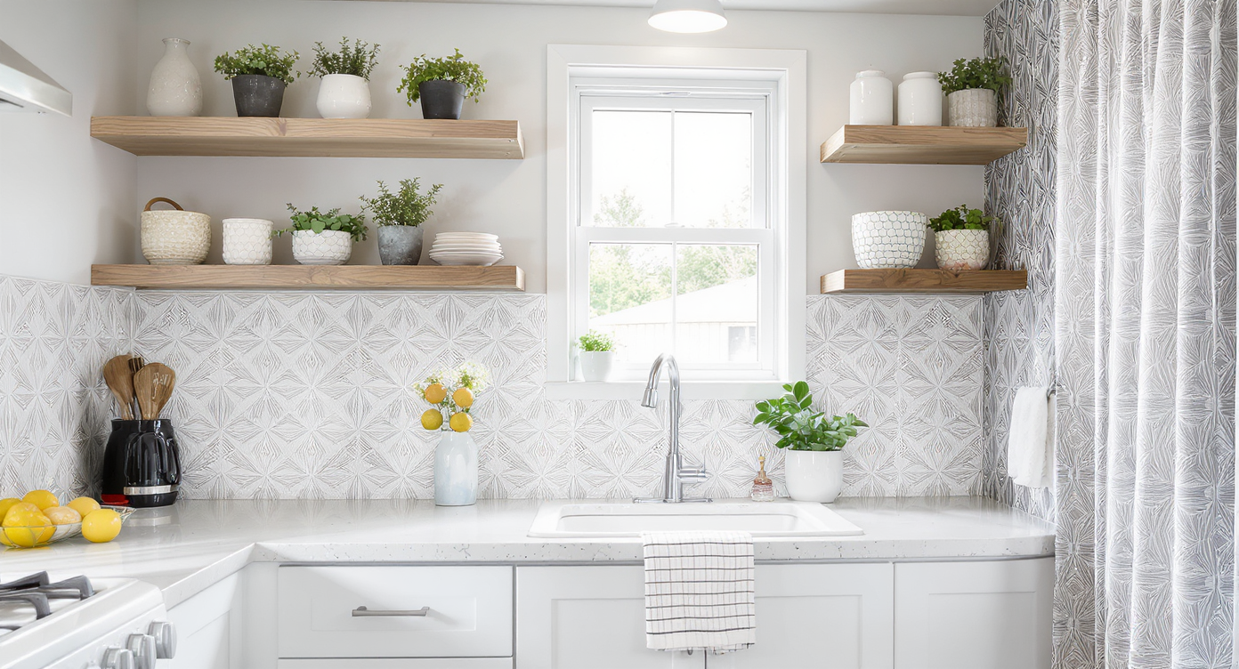 A compact mobile home kitchen and bathroom with peel-and-stick backsplashes, accent wall decor, patterned shower curtain, and custom window treatments.