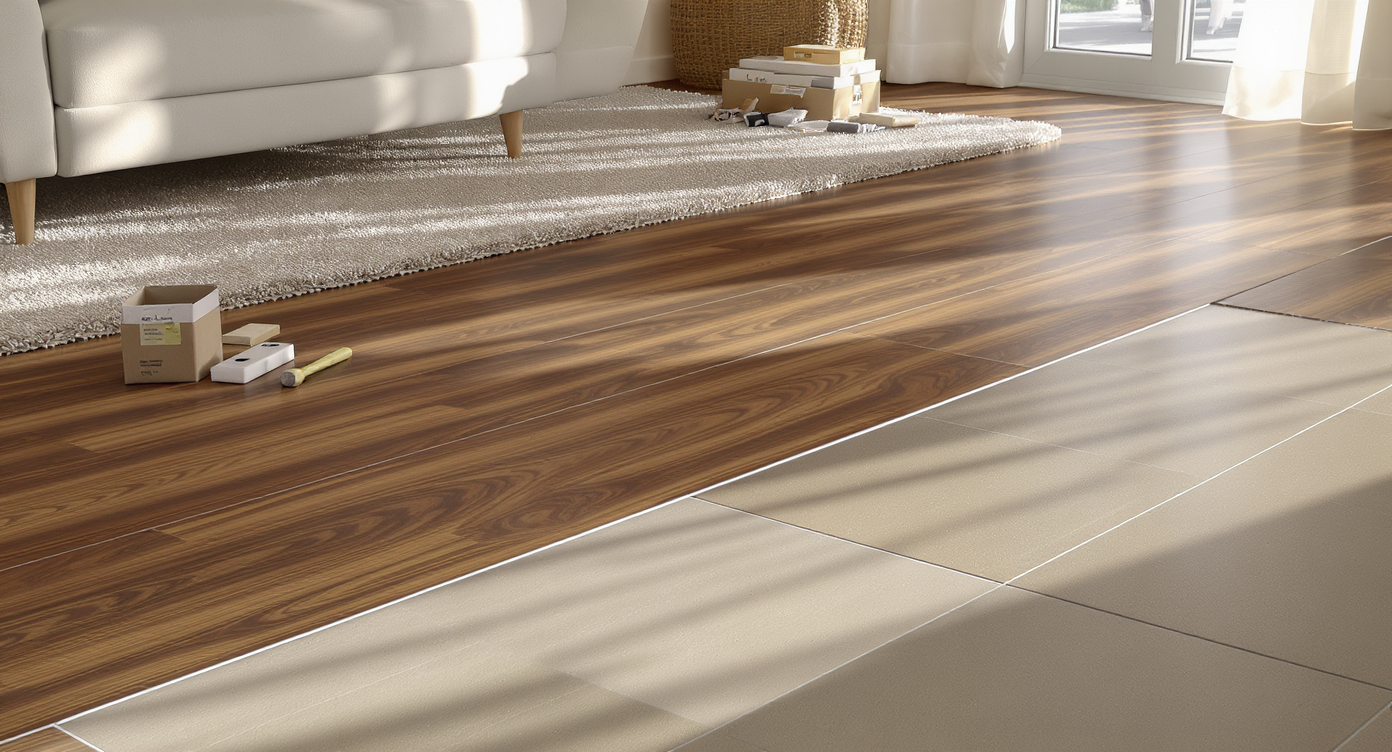 A compact mobile home living room with mahogany-look vinyl plank flooring, peel-and-stick tile, and a plush area rug, all under natural light.