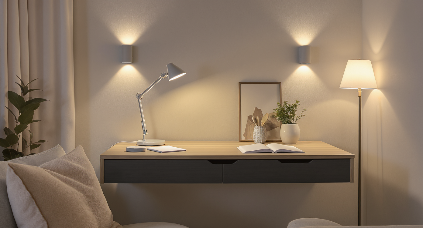 Small, modern apartment workspace with layered warm lighting from a desk lamp, wall sconces, and a floor lamp, creating a cozy, inviting atmosphere.