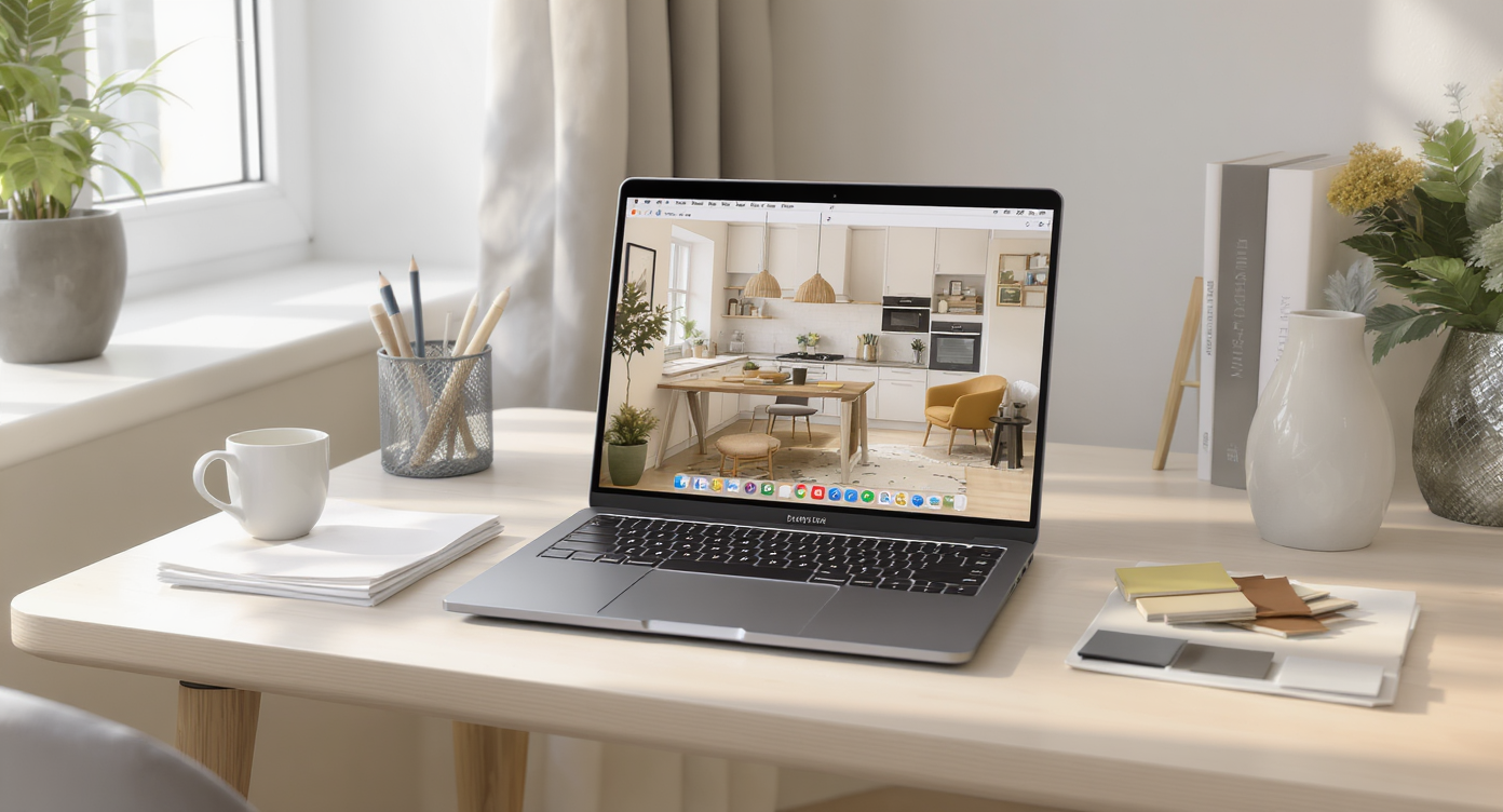 A compact apartment workspace with a laptop displaying a 3D room layout. Desk is organized with material samples and modern decor, no people visible.