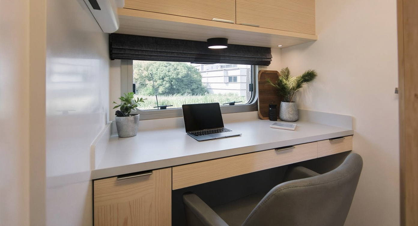 A minimalist compact workspace with a wall-mounted desk, slim chair, floating shelves, and a few select accessories, all in a bright, tidy small room.