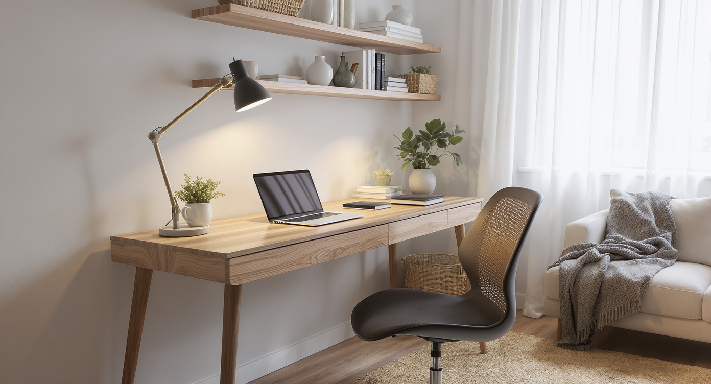A realistic, modern workspace setup within a compact apartment, featuring a tidy wooden desk, cozy lighting, and stylish decor—no people present.