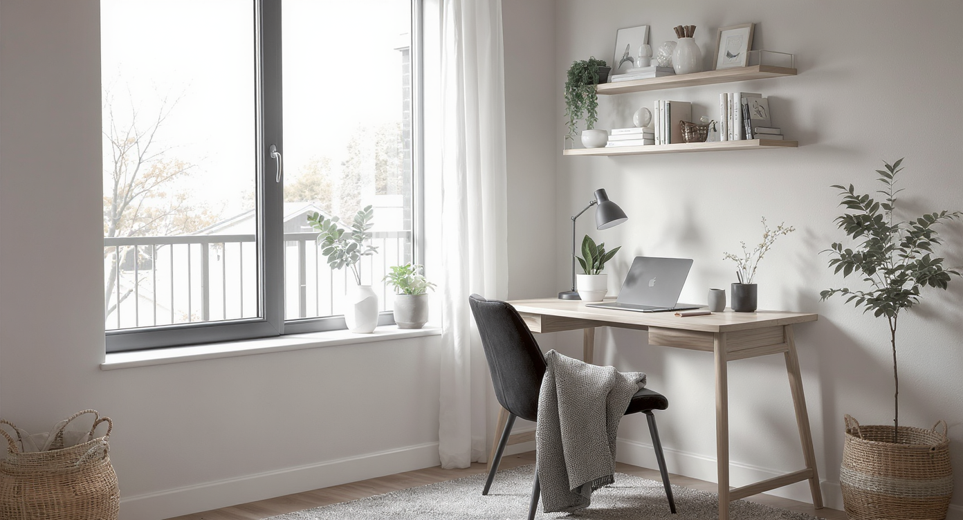 A cozy yet modern workspace in a compact apartment, featuring a minimalist desk, chair with throw blanket, and natural daylight.