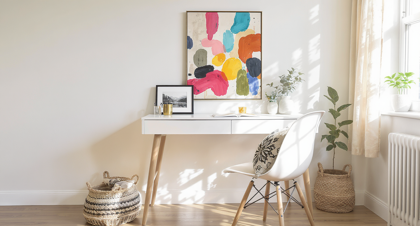 Minimalist workspace with a small desk, framed photo, vintage pen holder, potted plant, Boho cushion, and quirky wall art in natural light.