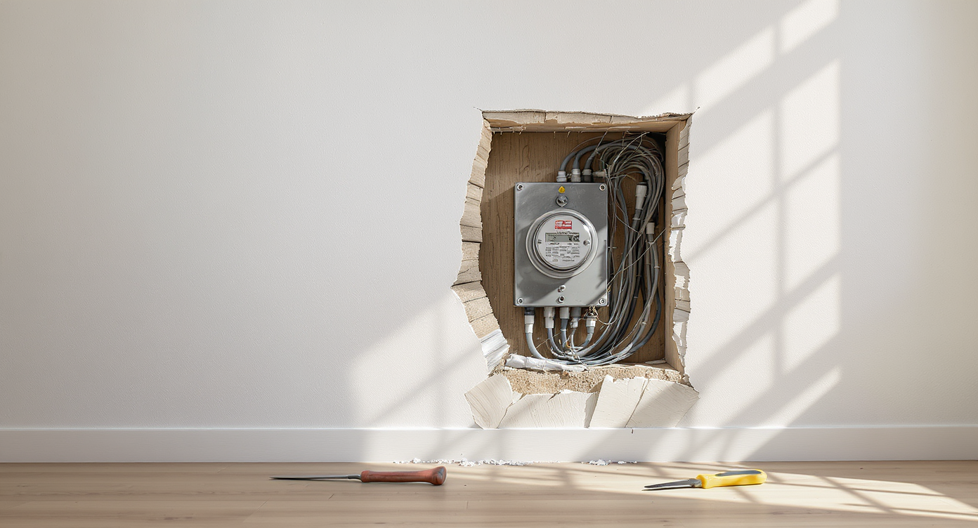 Section of drywall removed from a finished room, exposing an electric meter and wiring hidden inside the wall, with tools nearby on the floor.
