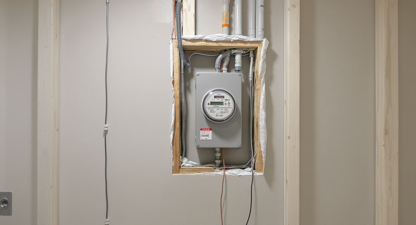 An indoor utility room with a freshly opened wall, exposing an electric meter and conduit, illustrating mandatory utility access compliance.