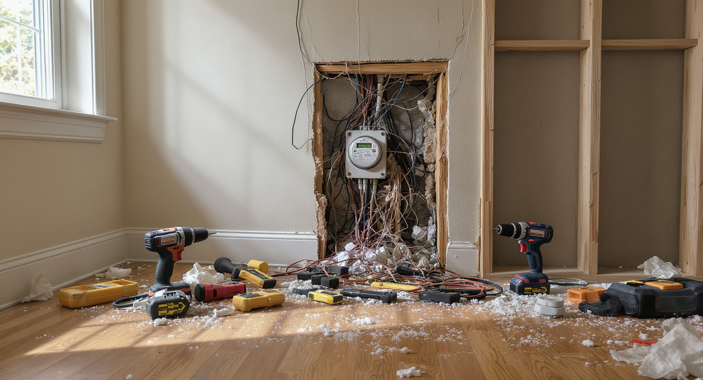 A realistic living room wall partially opened to reveal a hidden electric meter and tangled wiring, surrounded by hand tools and construction dust.