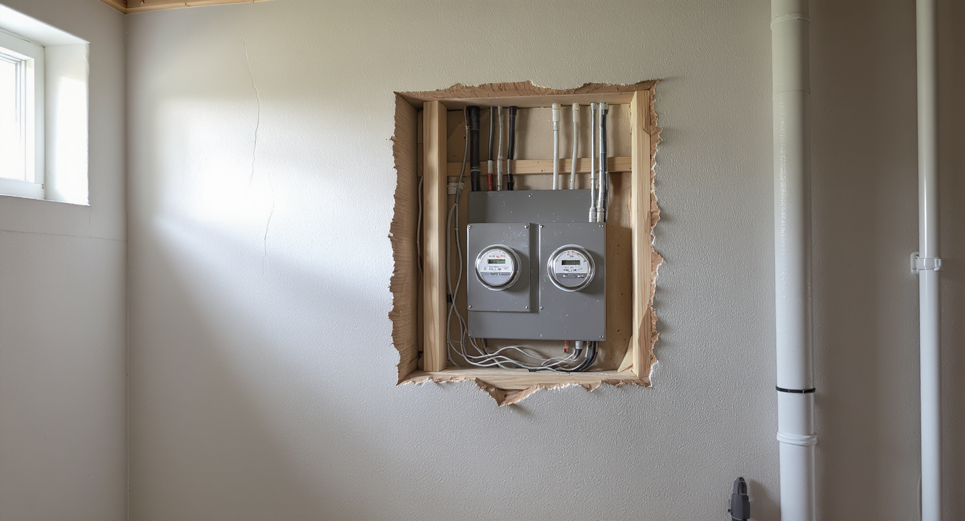 A finished wall with drywall partially removed reveals a hidden electric meter and service panel crammed inside, exposing a code violation.