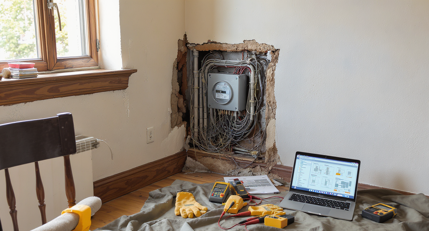 A realistic room corner with an exposed wall revealing a hidden old meter and tangled wires, a laptop showing renovation plans, and pro tools on a tarp.