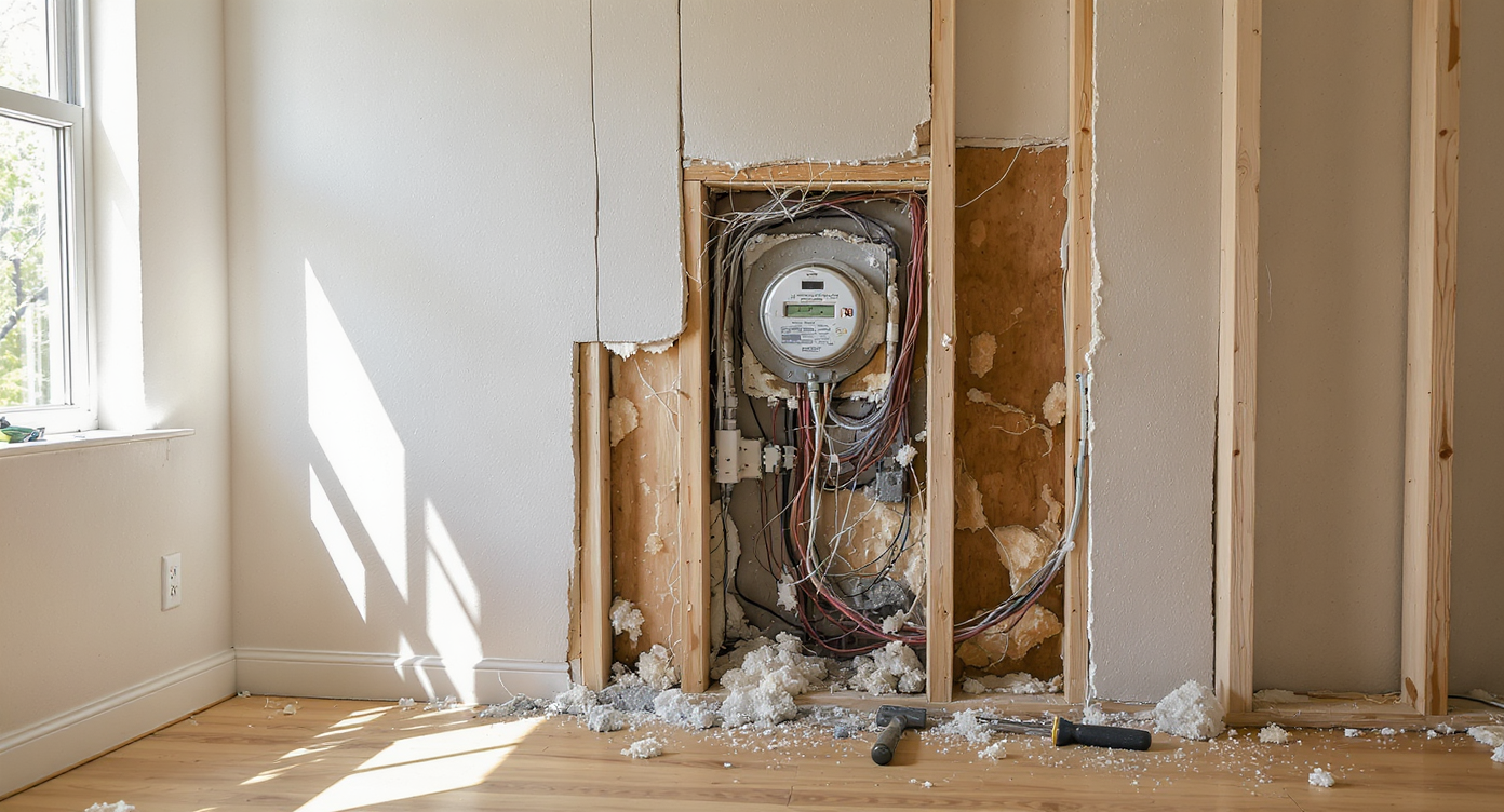A realistic scene of a partially opened wall in a modern home, exposing a hidden electric meter, undersized wiring, messy junction box, and irregular stud framing.