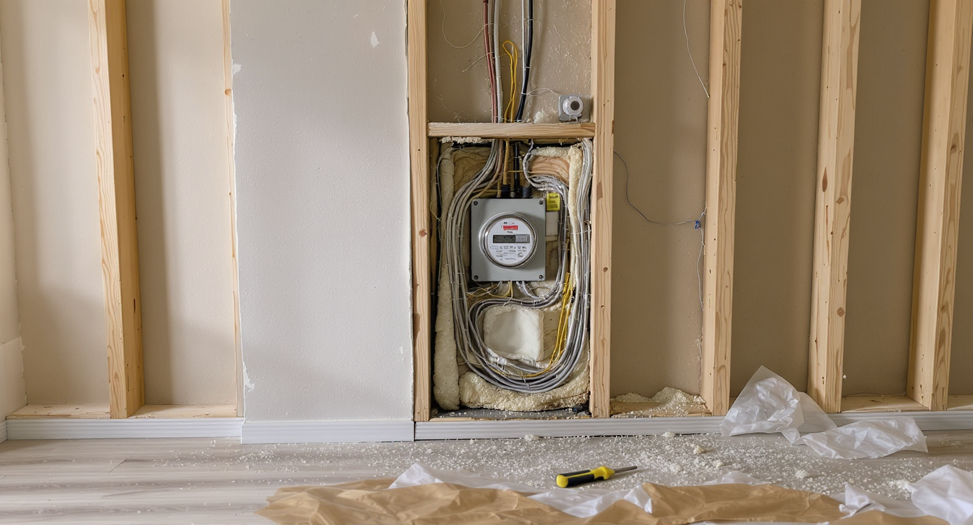 A modern home interior with part of a wall removed, exposing a hidden electric meter, wiring, and renovation tools under natural daylight.