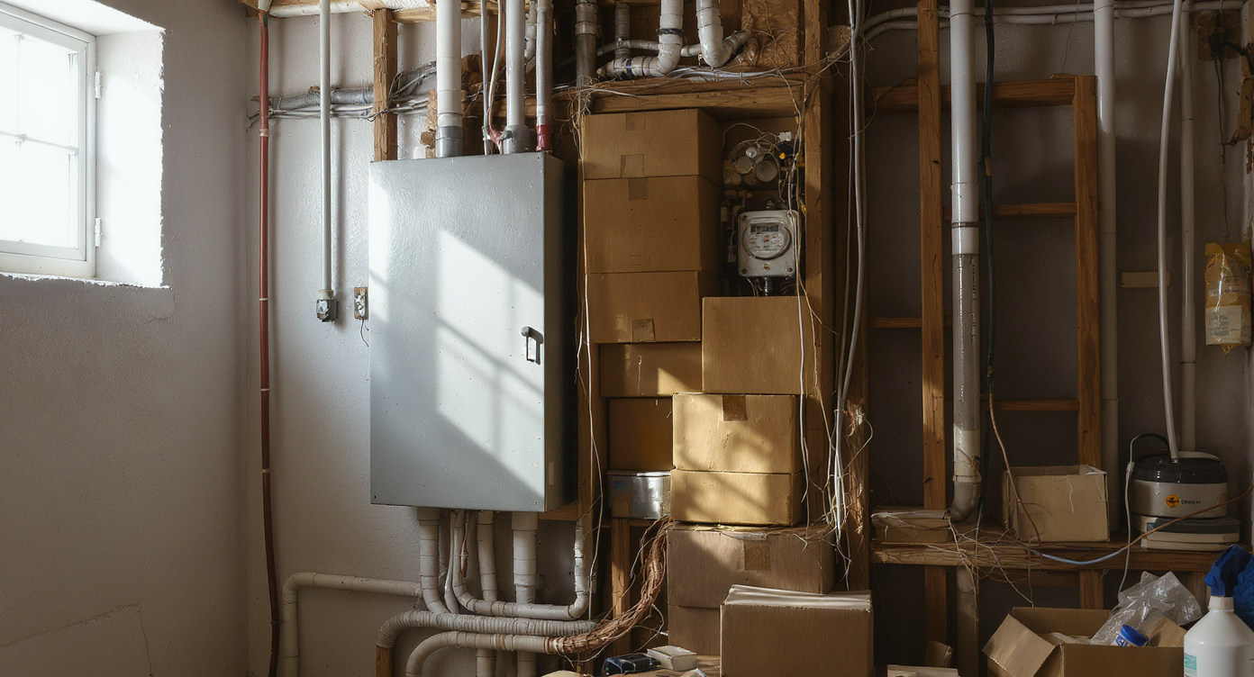 A realistic utility room showing a partially blocked electrical panel and hidden meter, illustrating safety concerns from obstructed access.
