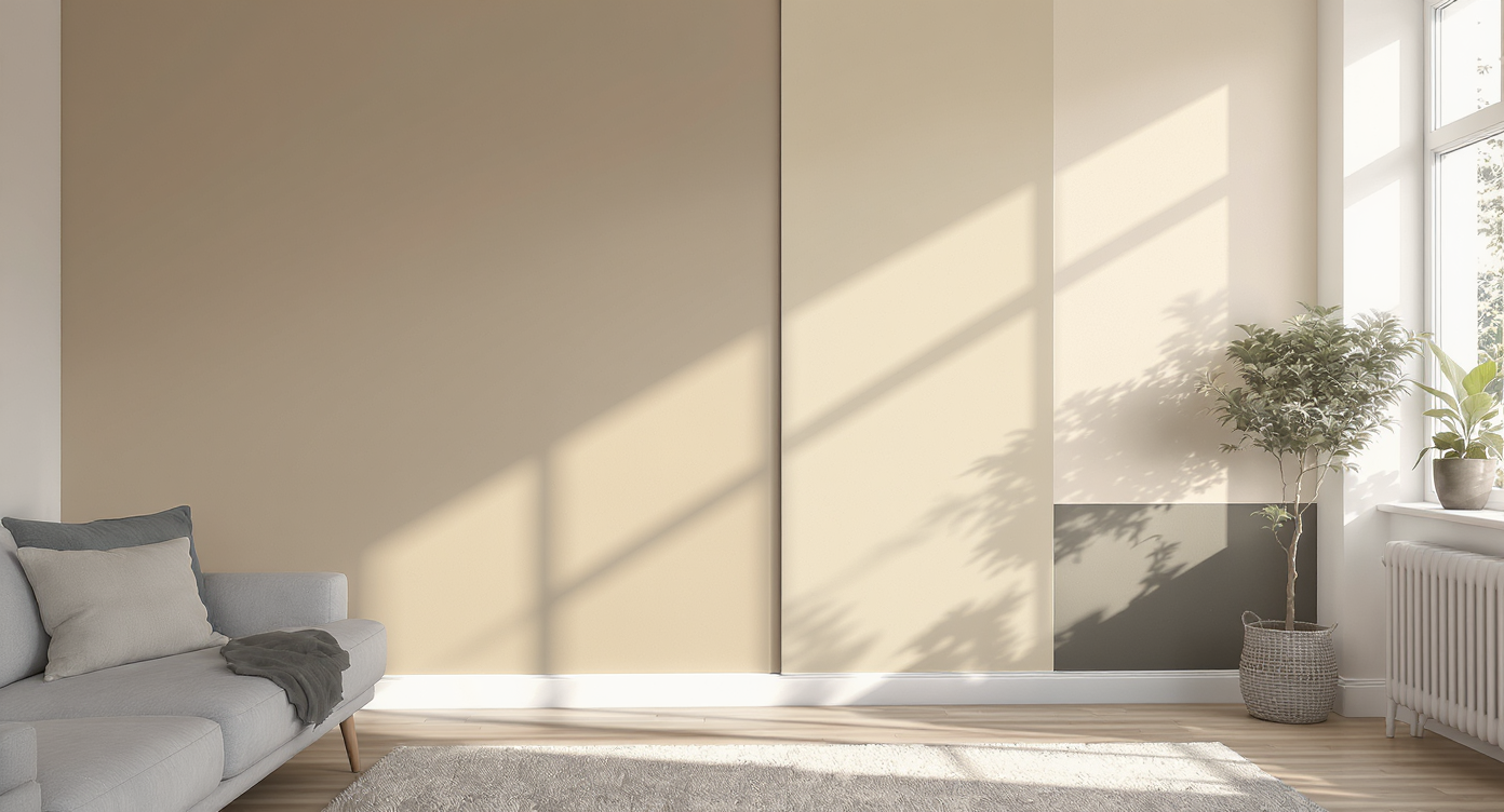 Several paint swatches painted side by side on a living room wall, with different room colors and lighting showing how color perception changes.