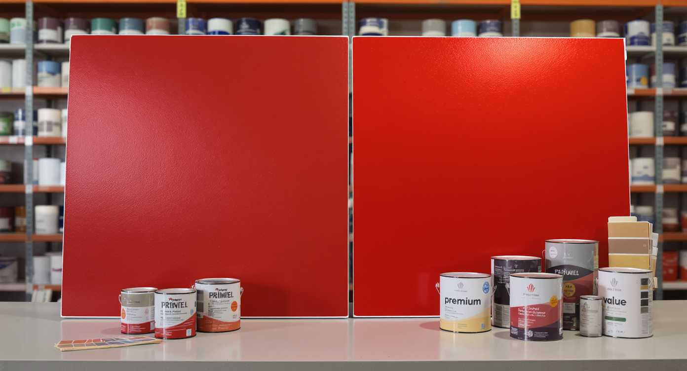 Side-by-side wall panels show the same red color in interior matte and exterior satin paint bases, with visible differences in finish and intensity.