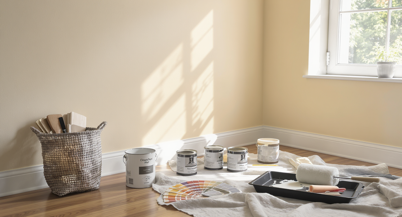 Multiple paint swatches on a living room wall contrast with fan decks and paint cans below, showing real-world color matching issues.