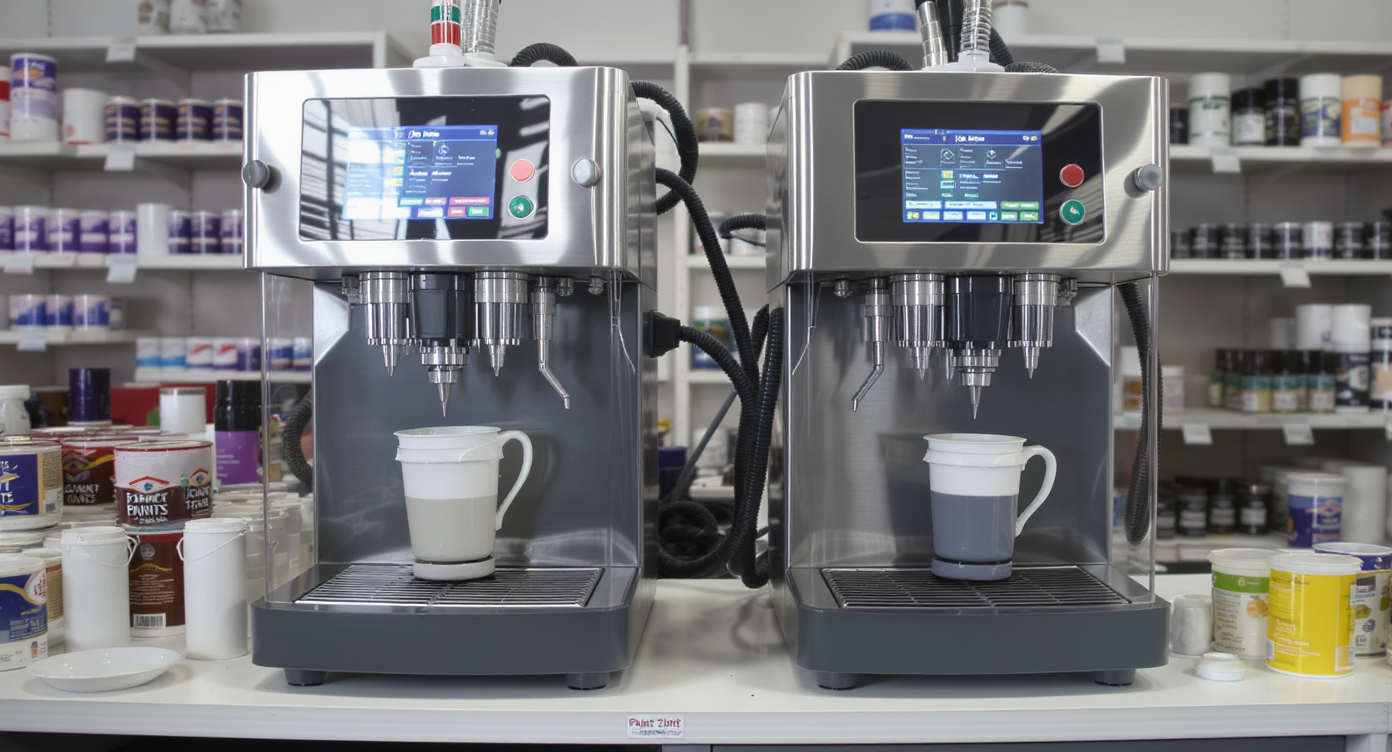 Two identical paint tinting machines in a store mixing area dispense the same color into cans, but two resulting color samples on the counter show subtle differences.