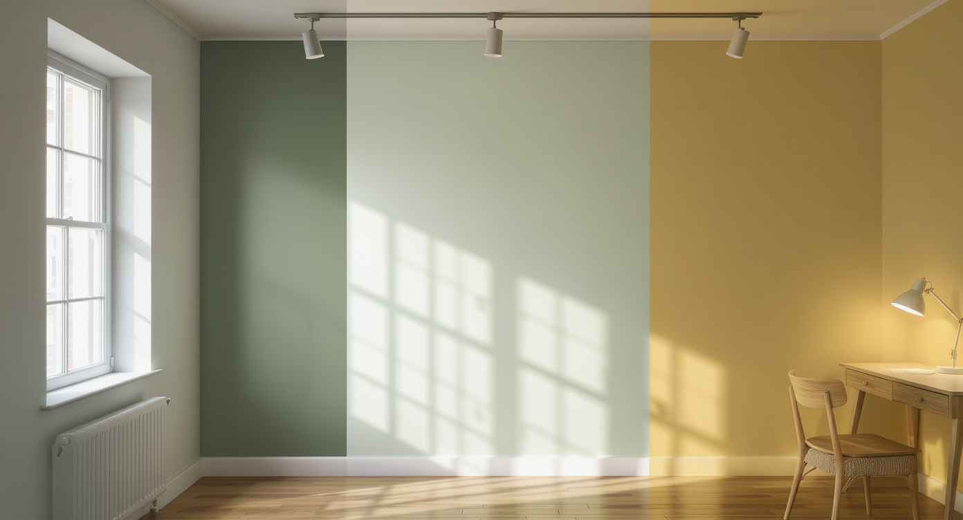 A photo-realistic wall divided into sections, each showing the same paint swatch under sunlight, fluorescent, and warm lamp lighting to reveal color shifts.