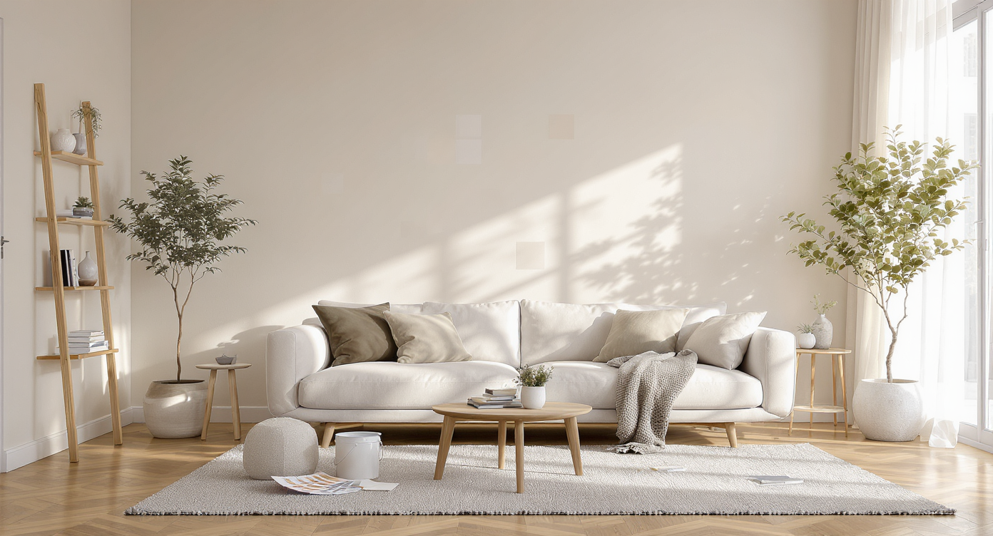 Photo-realistic living room with a wall displaying various subtle paint samples, sunlight highlighting color variations, paint tools on the floor.