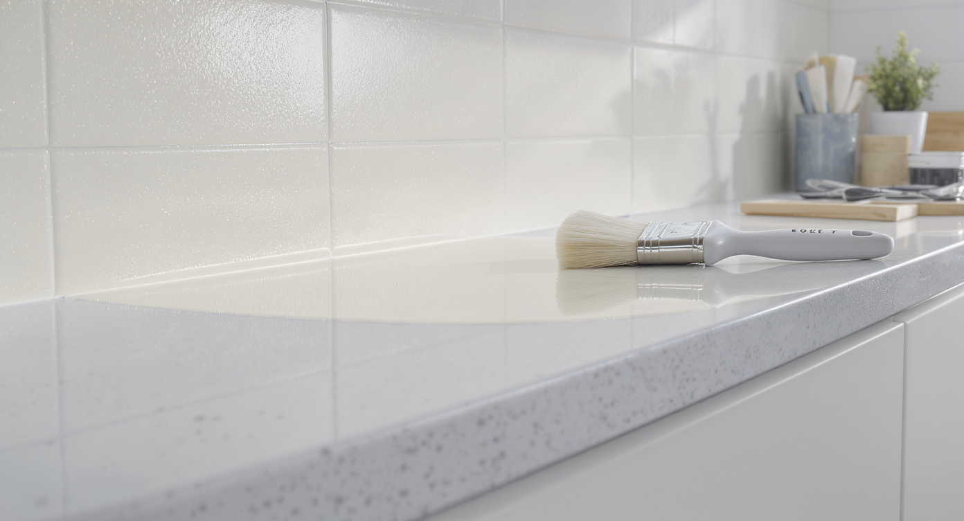 Two paint samples on a paint store counter—one matched by spectrophotometer device, one by formula. Paint mixing tools and color guides in background.