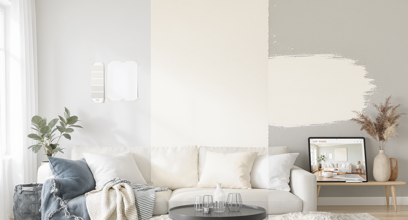 A photorealistic living room wall displays small paint chips, a large off-white sample, and a tablet showing digital color previews, demonstrating real-world paint testing methods.