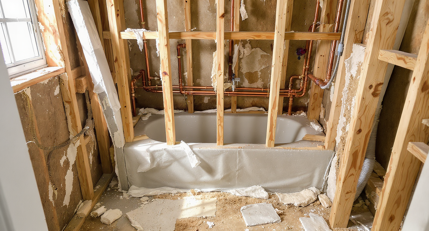 A compact gutted bathroom reveals uneven studs, offset plumbing, and an unsquared wall, clearly illustrating hidden renovation surprises.