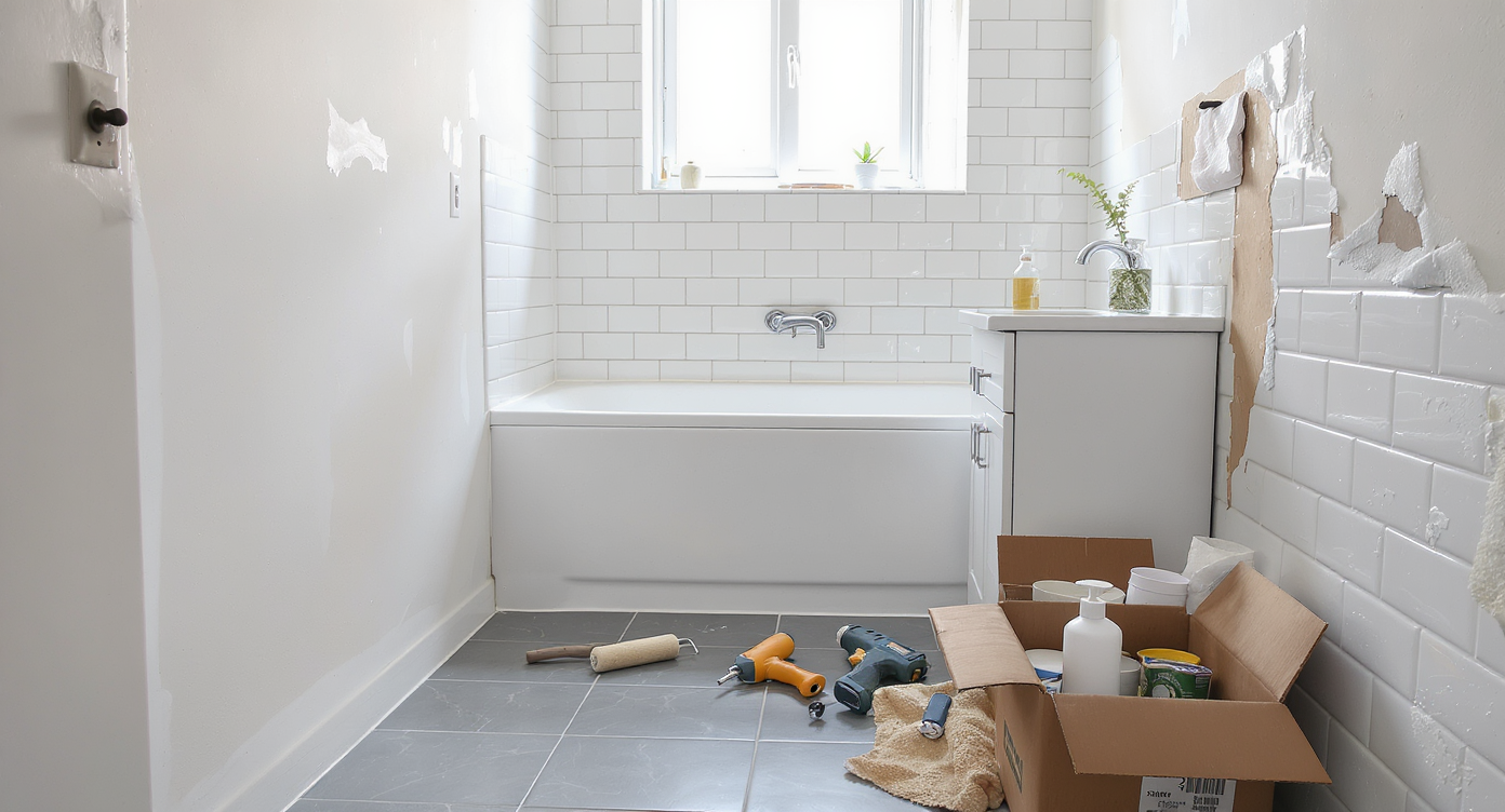 A compact bathroom mid-renovation with new flooring, white tiles, affordable fixtures, tools and supplies, well-lit and staged for a budget remodel.
