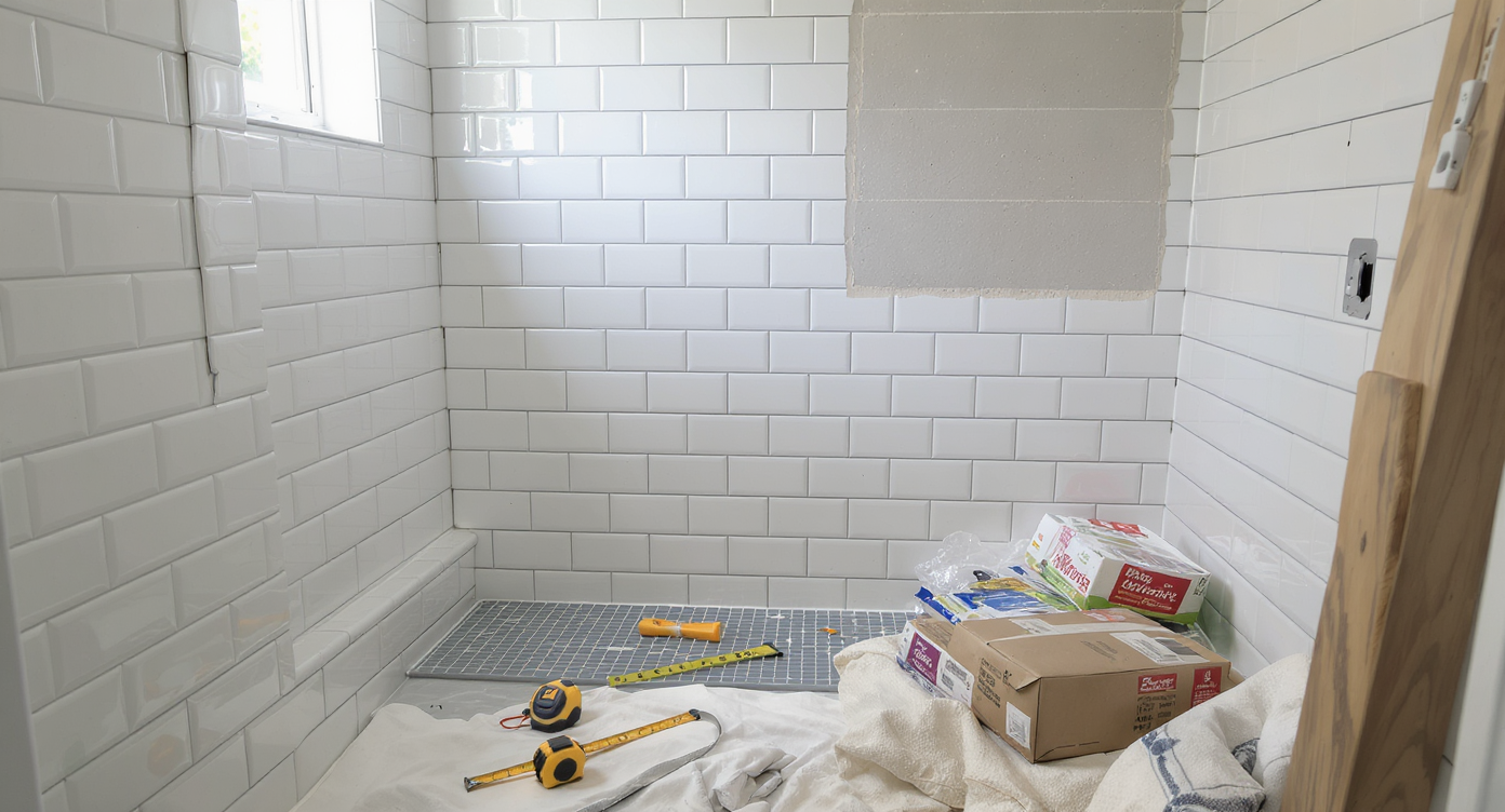 Compact bathroom mid-remodel with partially installed tiles, specialty tools, unopened materials, and a laptop showing layout visualization.